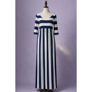 She's‎ Apparel Maxi Dress Navy Blue White Stripe Empire Waist 3/4 Sleeve Size L